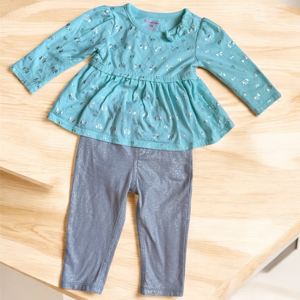 Garanimal Teal Onsie with Silver Pants for toddler/baby girl, size 12mths